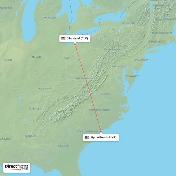 Cleveland - Myrtle Beach direct flight map