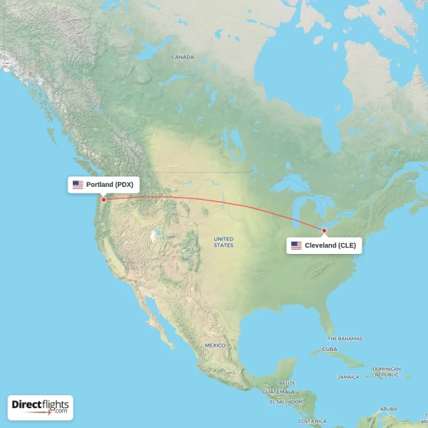 Cleveland - Portland direct flight map