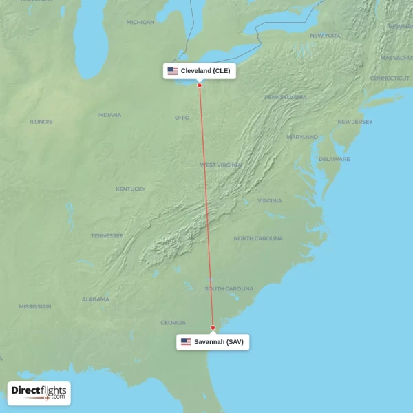 Cleveland - Savannah direct flight map