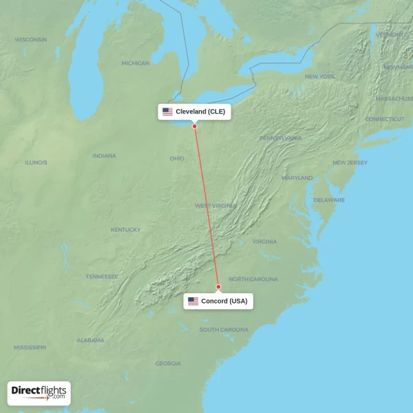 Cleveland - Concord direct flight map