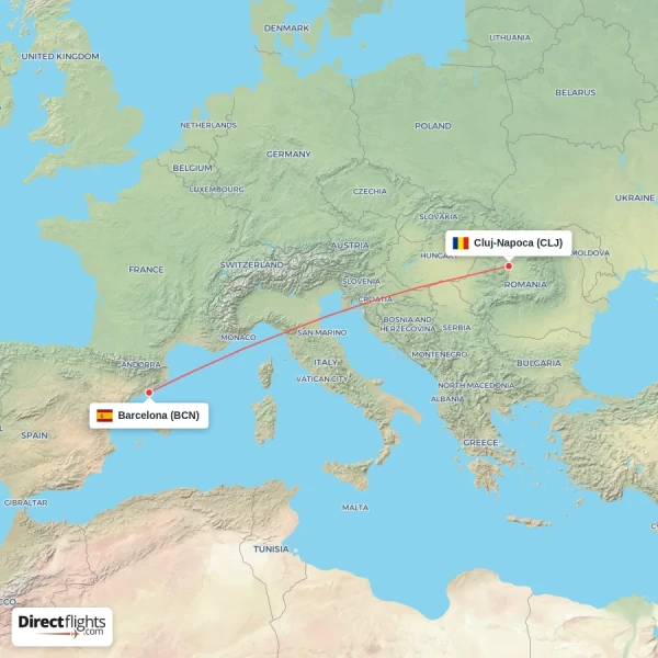Cluj-Napoca - Barcelona direct flight map