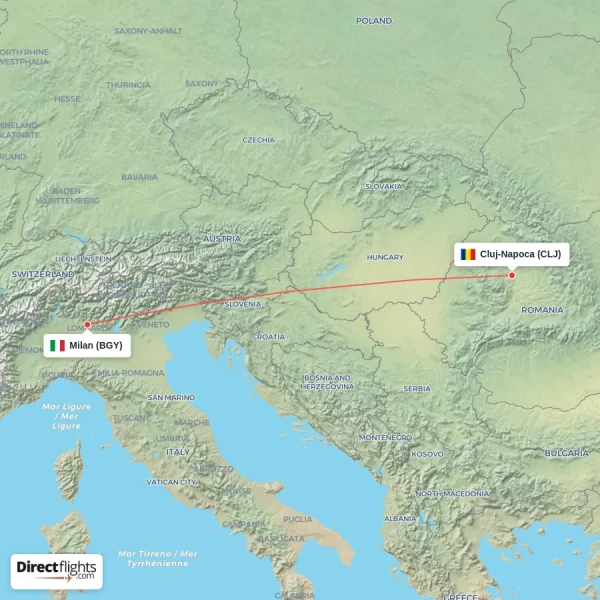 Cluj-Napoca - Milan direct flight map