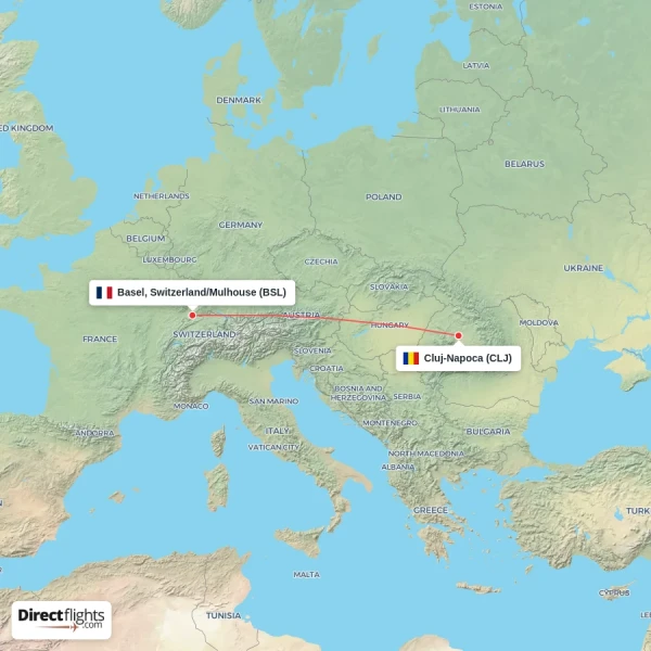 Cluj-Napoca - Basel, Switzerland/Mulhouse direct flight map