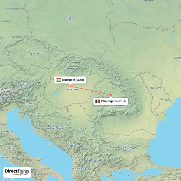 Cluj-Napoca - Budapest direct flight map