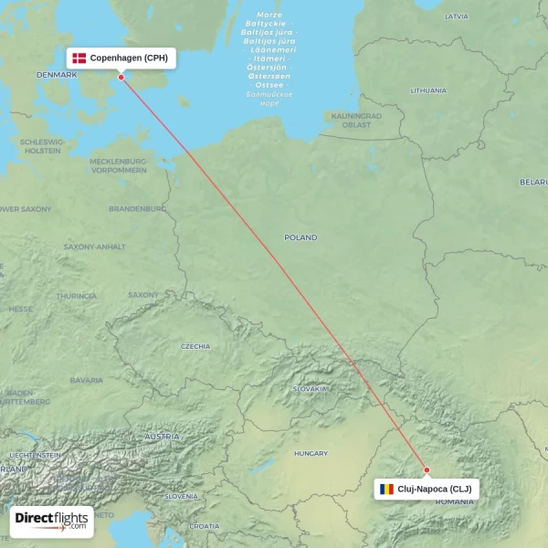 Cluj-Napoca - Copenhagen direct flight map