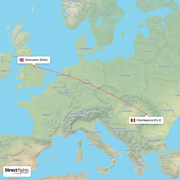 Cluj-Napoca - Doncaster direct flight map