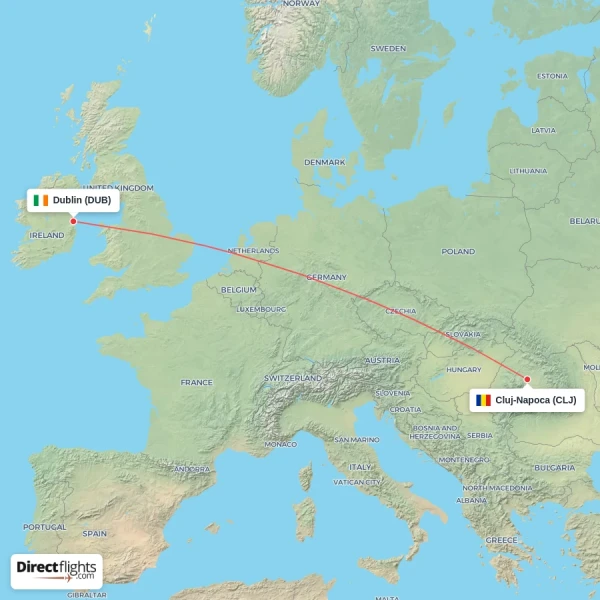 Cluj-Napoca - Dublin direct flight map