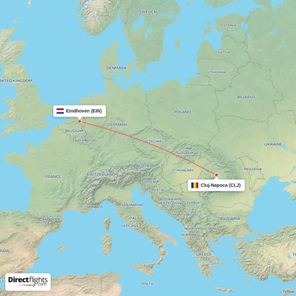 Cluj-Napoca - Eindhoven direct flight map