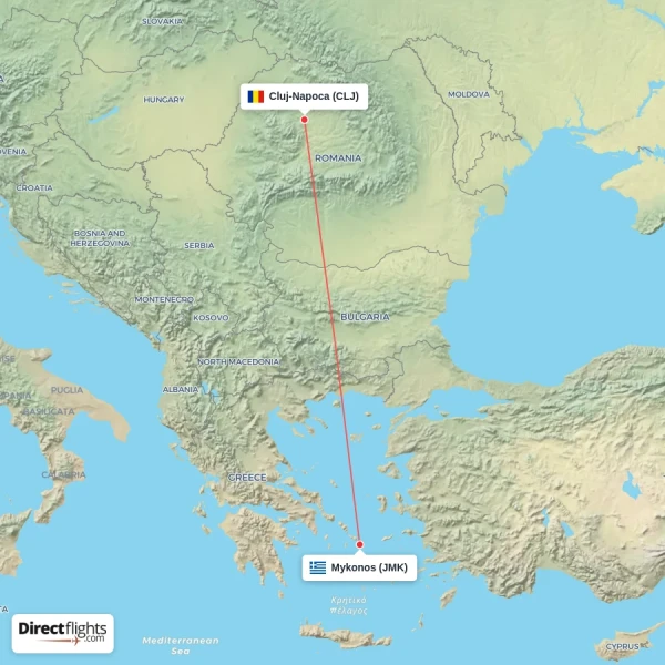 Cluj-Napoca - Mykonos direct flight map