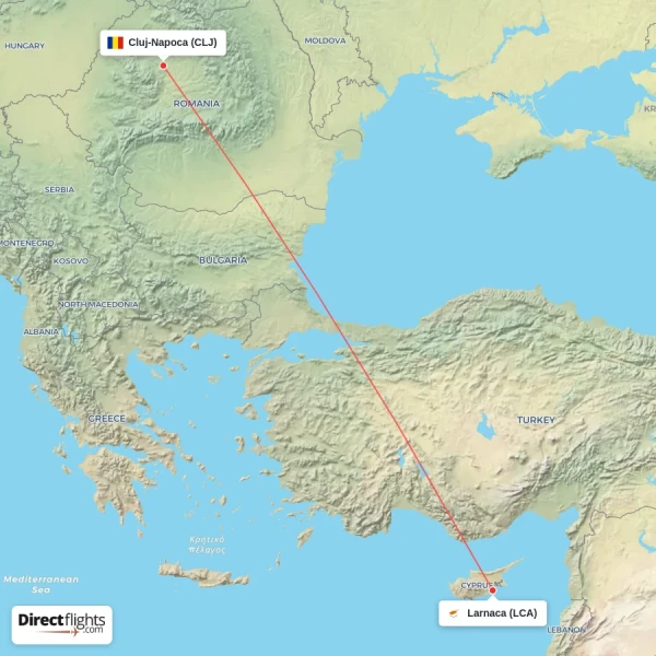 Cluj-Napoca - Larnaca direct flight map