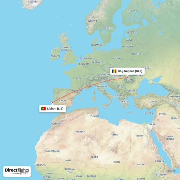 Cluj-Napoca - Lisbon direct flight map