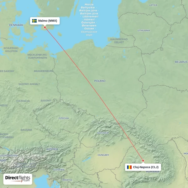 Cluj-Napoca - Malmo direct flight map