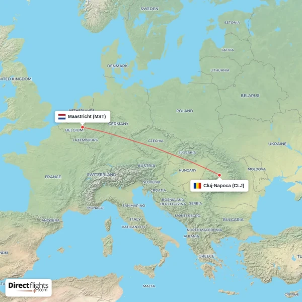 Cluj-Napoca - Maastricht direct flight map