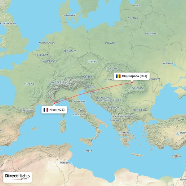 Cluj-Napoca - Nice direct flight map
