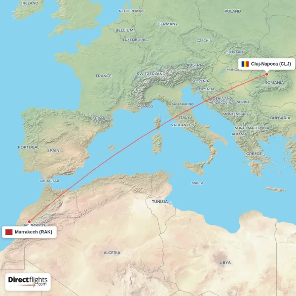 Cluj-Napoca - Marrakech direct flight map