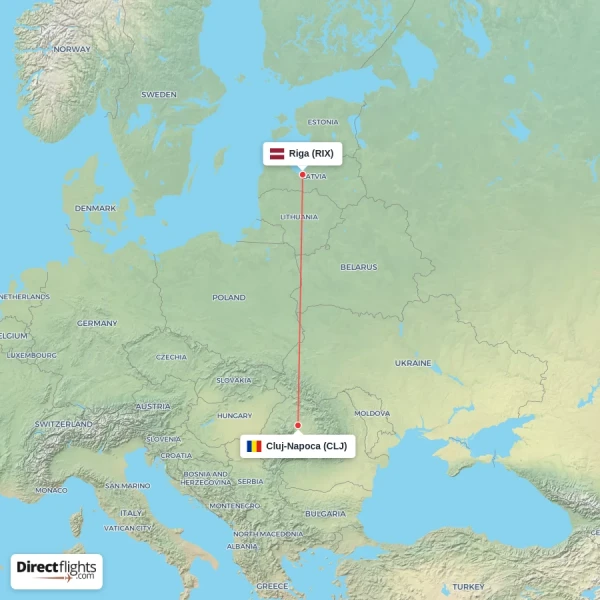 Cluj-Napoca - Riga direct flight map