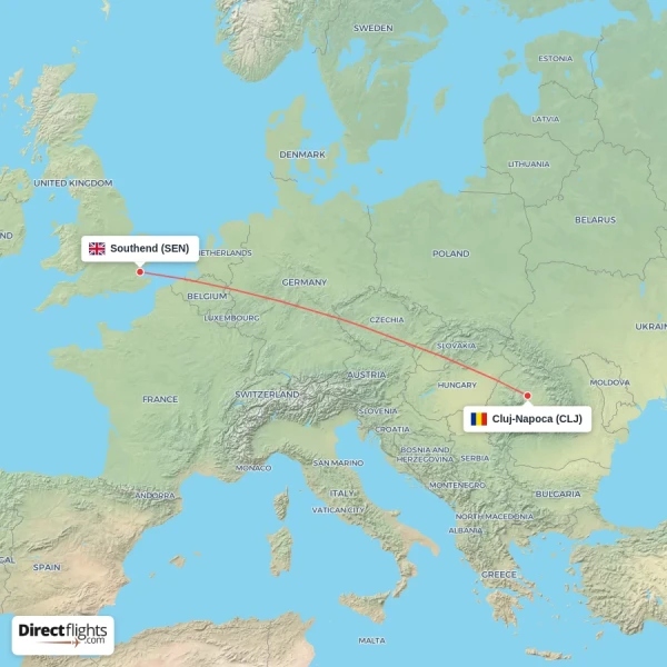 Cluj-Napoca - Southend direct flight map