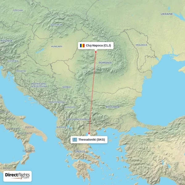 Cluj-Napoca - Thessaloniki direct flight map