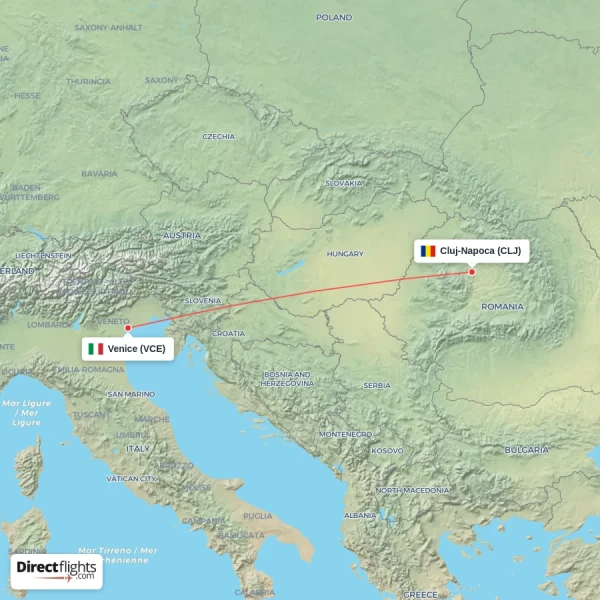 Cluj-Napoca - Venice direct flight map