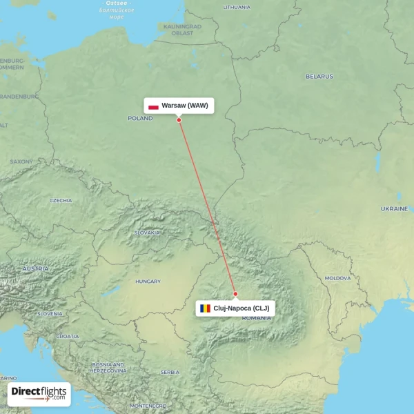 Cluj-Napoca - Warsaw direct flight map