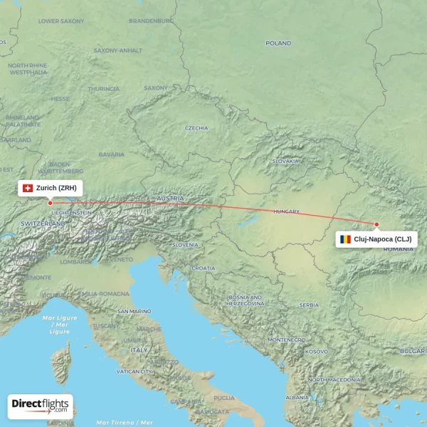 Cluj-Napoca - Zurich direct flight map