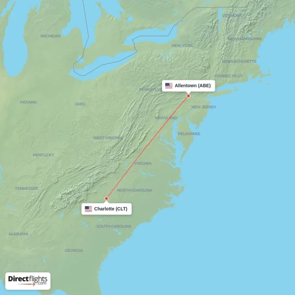 Charlotte - Allentown direct flight map