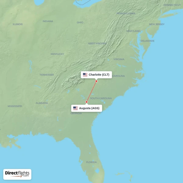 Charlotte - Augusta direct flight map