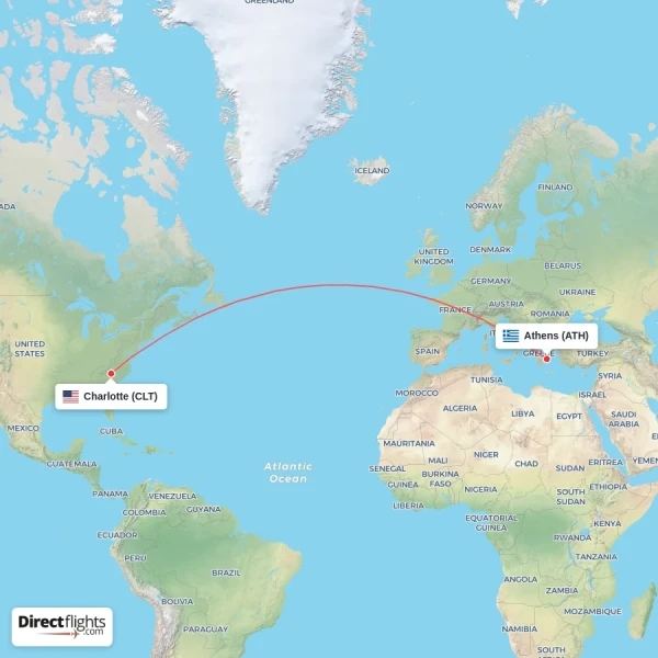 Charlotte - Athens direct flight map