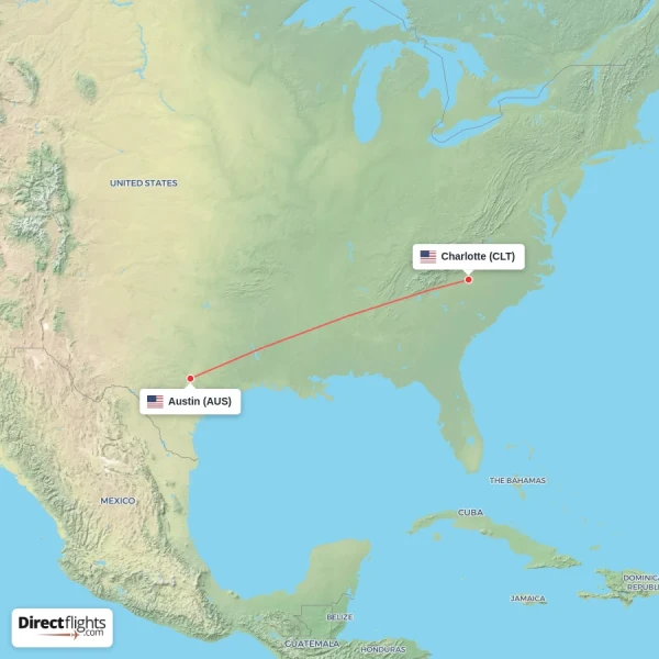 Charlotte - Austin direct flight map