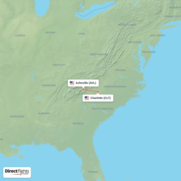 Charlotte - Asheville direct flight map