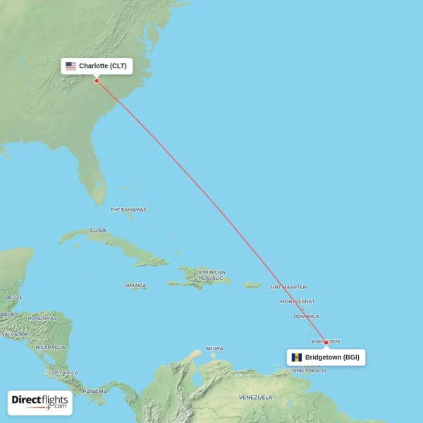 Charlotte - Bridgetown direct flight map