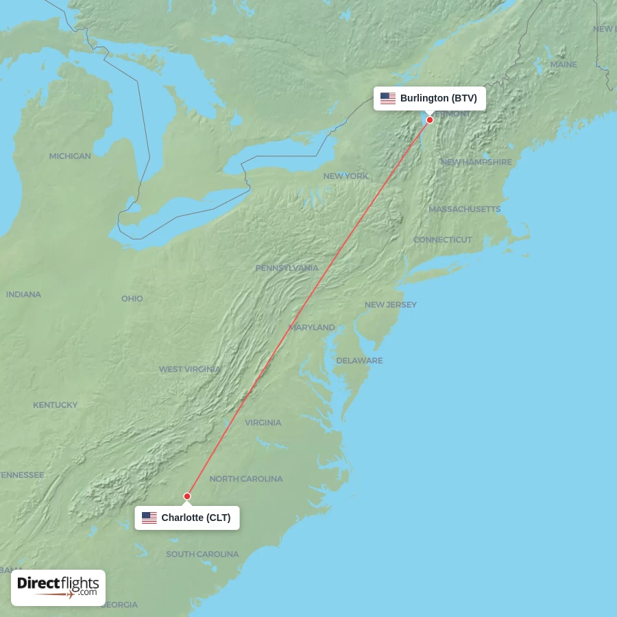CLT - BTV route map