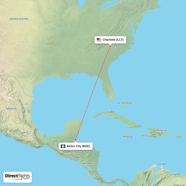 Charlotte - Belize City direct flight map