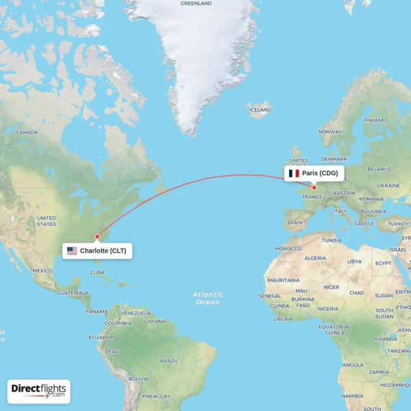 Charlotte - Paris direct flight map