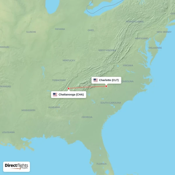 Charlotte - Chattanooga direct flight map