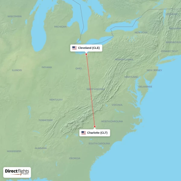 Charlotte - Cleveland direct flight map