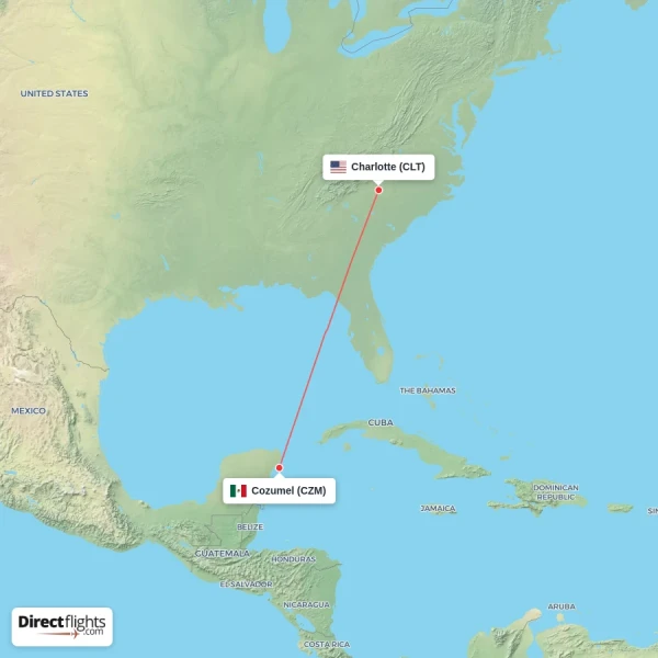 Charlotte - Cozumel direct flight map