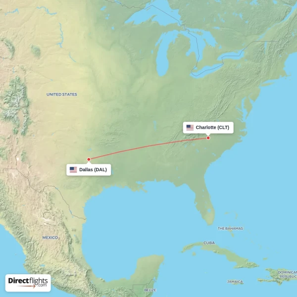 Charlotte - Dallas direct flight map