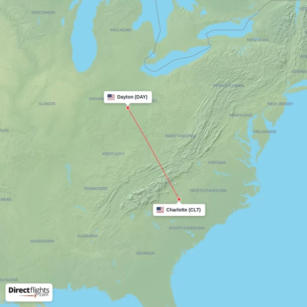 Charlotte - Dayton direct flight map