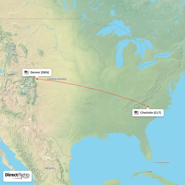 Charlotte - Denver direct flight map