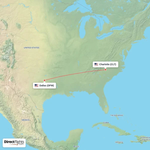 Charlotte - Dallas direct flight map