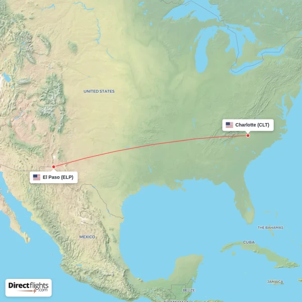 Charlotte - El Paso direct flight map