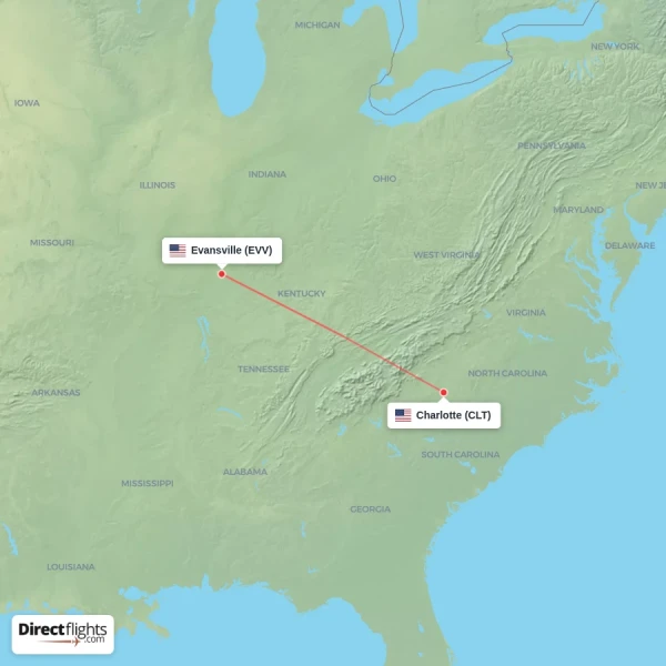 Charlotte - Evansville direct flight map