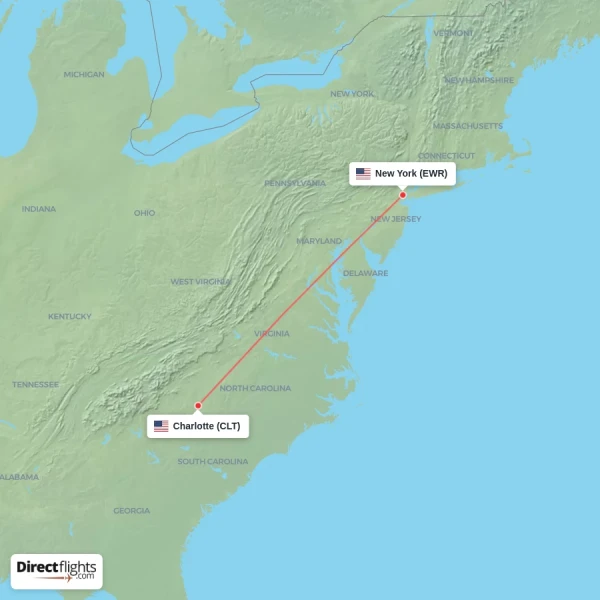 Charlotte - New York direct flight map