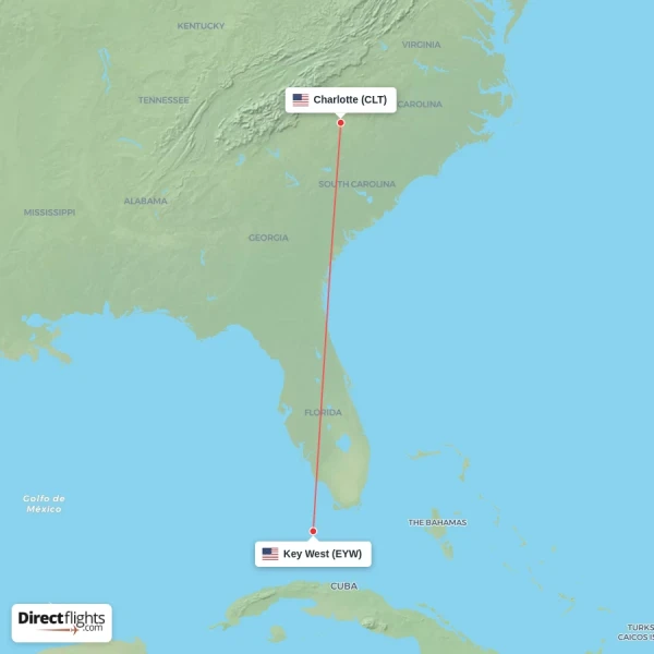 Charlotte - Key West direct flight map