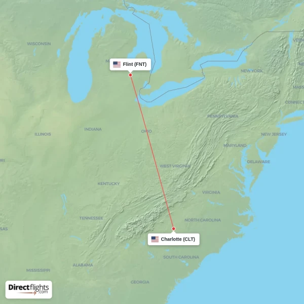 Charlotte - Flint direct flight map