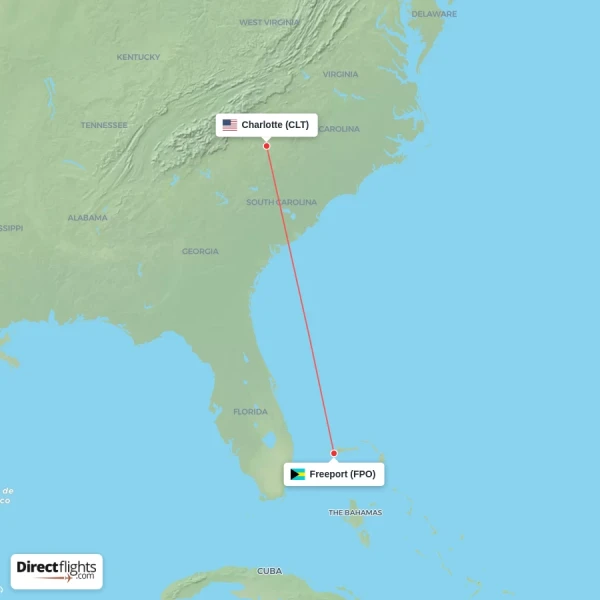Charlotte - Freeport direct flight map
