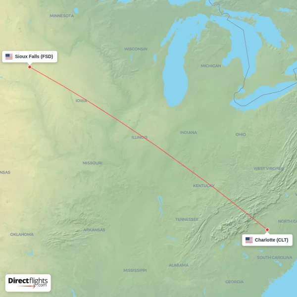 Charlotte - Sioux Falls direct flight map
