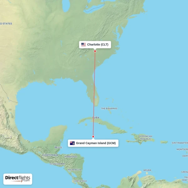 Charlotte - Grand Cayman Island direct flight map