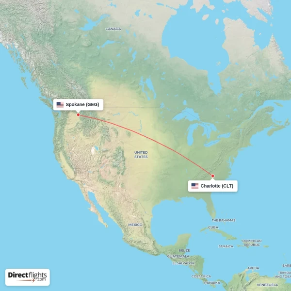 Charlotte - Spokane direct flight map